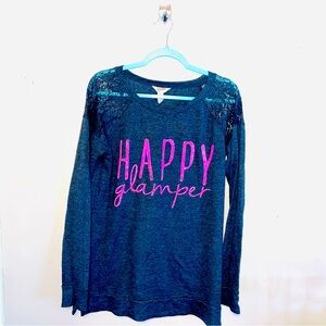 Arizona Jeans Size L Juniors Long-sleeve Happy Glamper Lace Grey & Pink Sweater